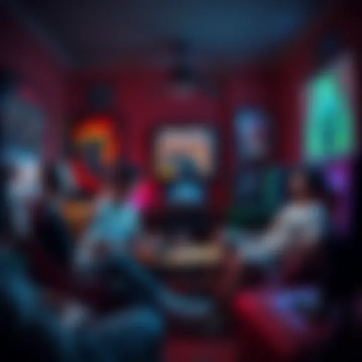 Gamers discussing digital vs physical games A group of gamers in a cozy room, talking about the future of gaming with physical discs and digital downloads, surrounded by gaming consoles and posters.