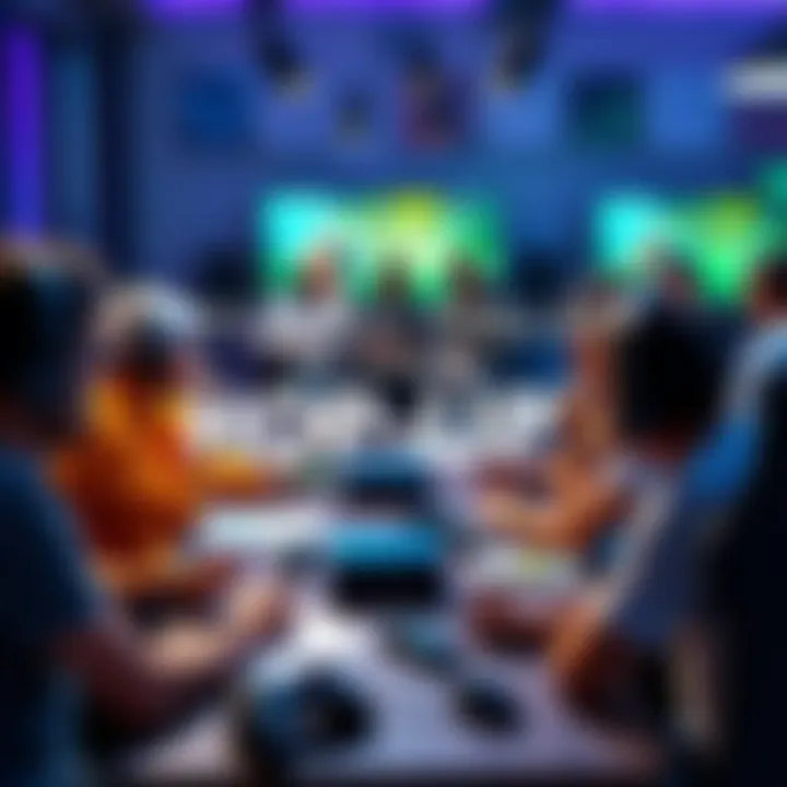 A group of gamers sitting around a table discussing the return of a popular hop-up in gaming with notes and gaming devices