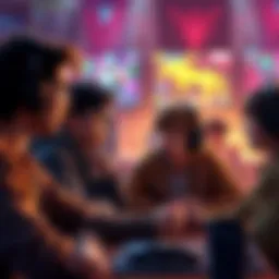 Gamers Discussing HP Scores A group of gamers passionately discussing their health points in a game setting, with game screens visible in the background.