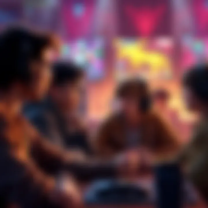 Gamers Discussing HP Scores A group of gamers passionately discussing their health points in a game setting, with game screens visible in the background.