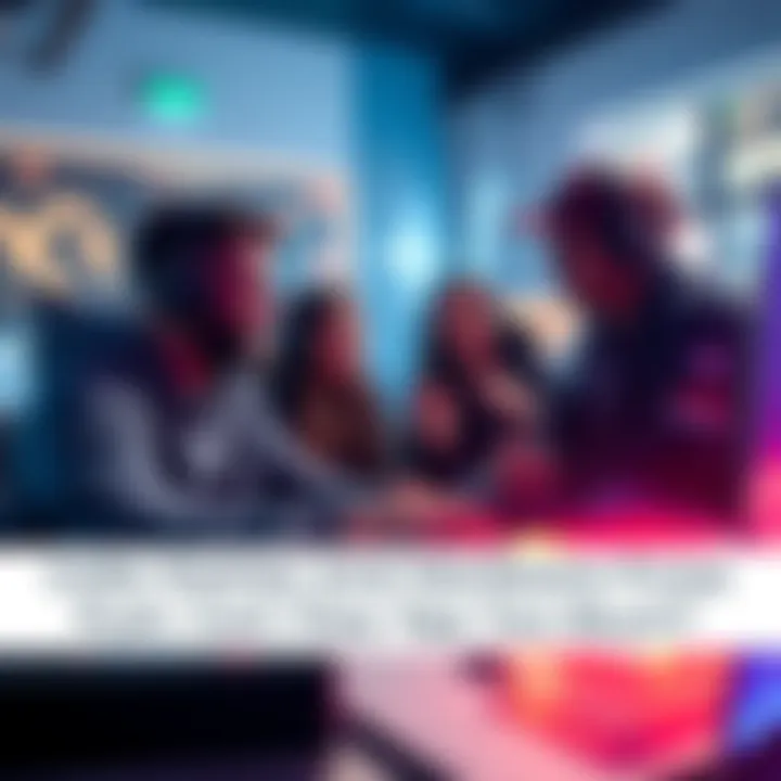 Gamers discussing indie games A group of gamers talking about indie games and hardware upgrades in a casual setting