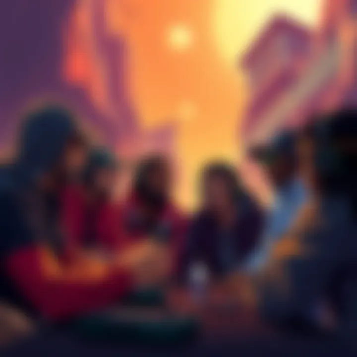 Gamers discussing Kings Canyon features A group of gamers engaged in conversation about the features in Kings Canyon, showcasing intense debate.