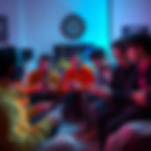 A group of gamers in a living room analyzing loot screens on their devices, showing confusion and frustration over different loot options.