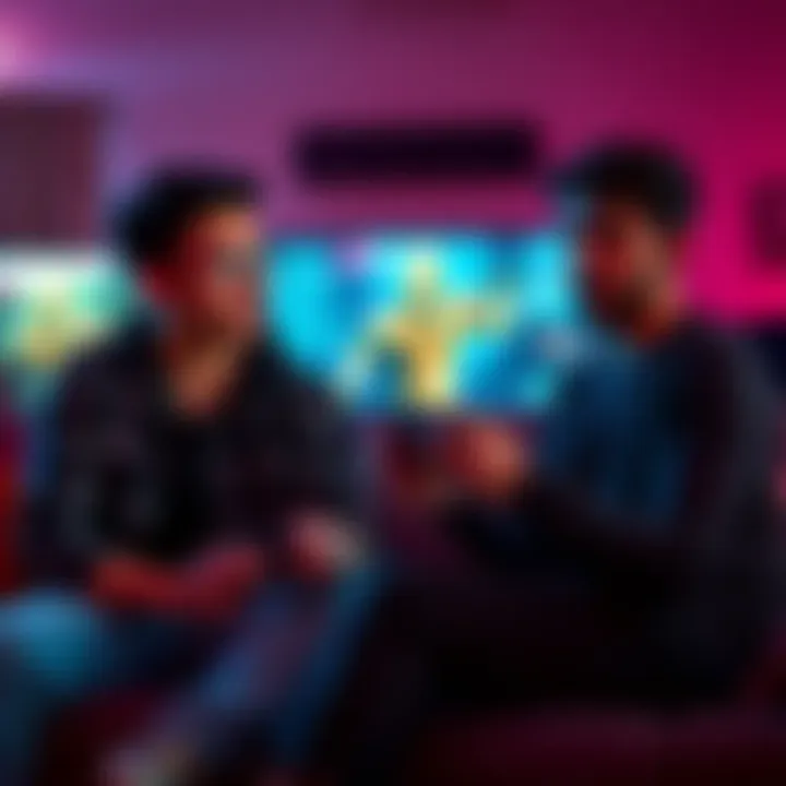 Two friends sit together, one explaining multiplayer DLC access while holding a gaming console controller. They look focused on the game on the screen.