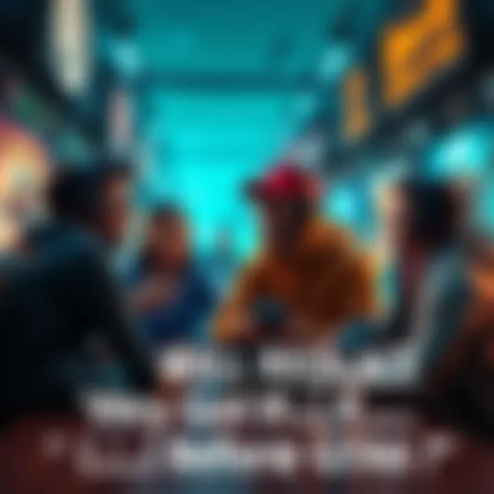 A group of gamers engaged in a lively discussion about popular phrases in the gaming community, with gaming posters in the background