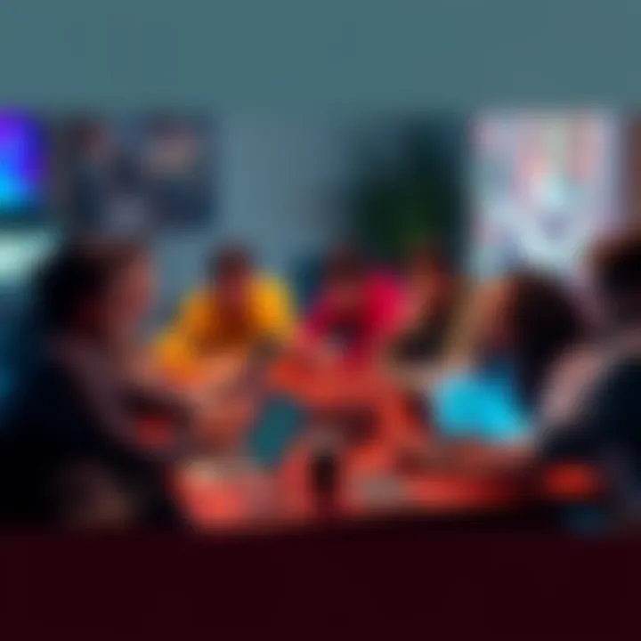 A diverse group of gamers sitting around a table, engaged in a lively discussion about gaming strategies, with laptops and game controllers visible.