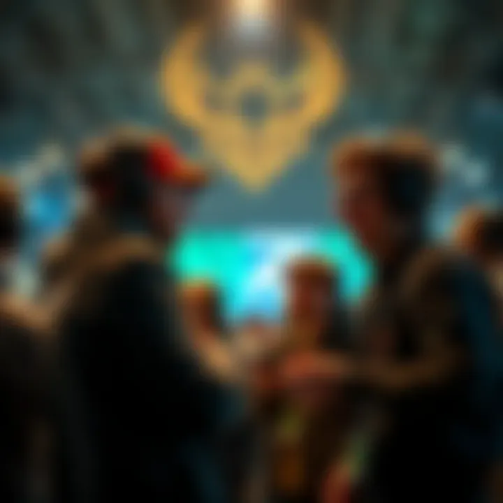 A group of gamers enthusiastically discussing a new licensed survivor character at an event, showcasing their passion for gaming.