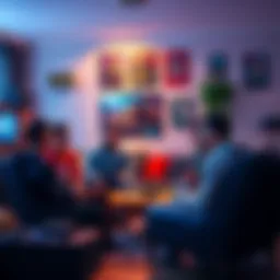 Gamers discussing game updates A group of gamers in a living room, engaging in a conversation about game release schedules and updates, surrounded by gaming consoles and posters on the wall.