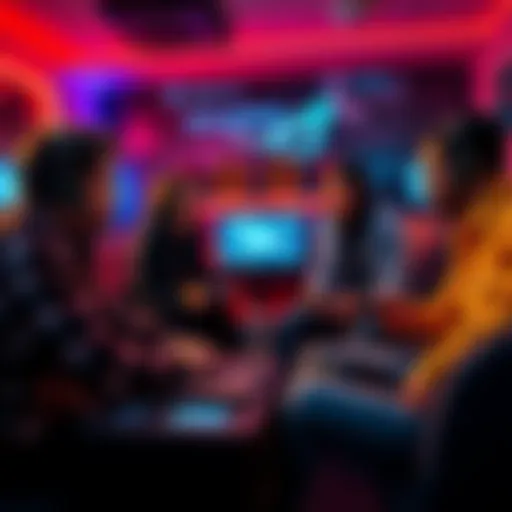 A group of gamers talking about their favorite games and experiences in a cozy setting with gaming consoles around.