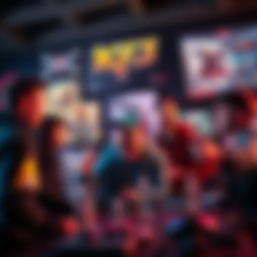 A group of gamers excitedly discussing their early access to the game KF3, surrounded by posters and gaming gear.