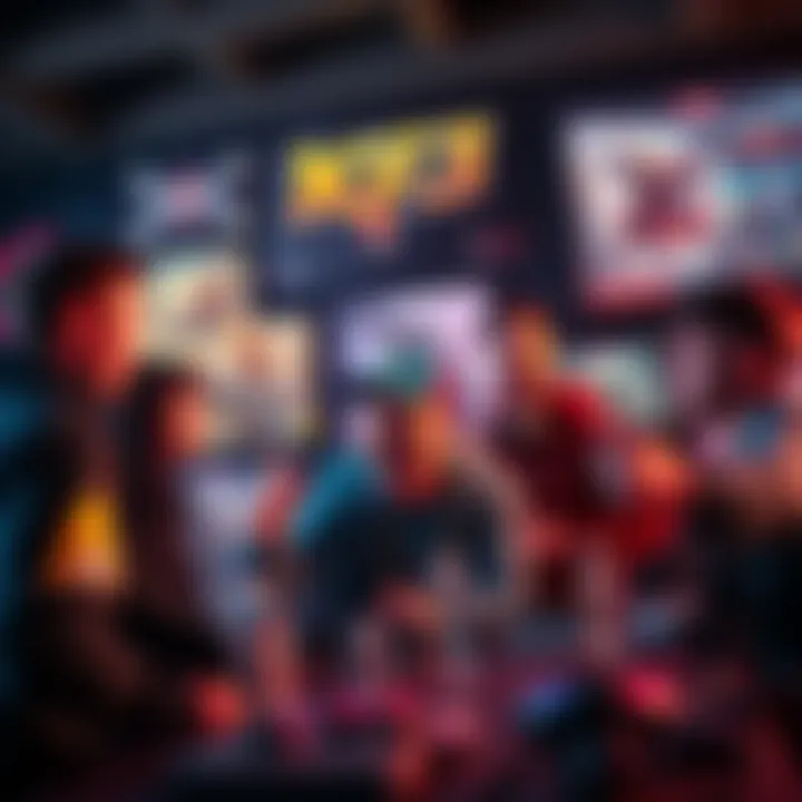 A group of gamers excitedly discussing their early access to the game KF3, surrounded by posters and gaming gear.