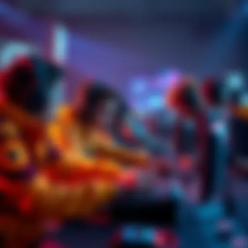 A group of gamers competing in a virtual arena, showcasing intense interactions and strategies in a friendly lobby setting.