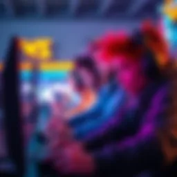 A group of gamers intensely focused on playing video games, surrounded by colorful screens and gaming gear.