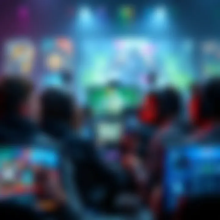 A group of people playing MMORPGs together, focused on their screens, with colorful game graphics displayed