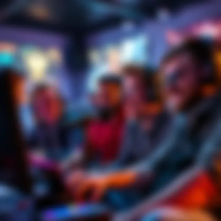 A group of gamers laughing while one plays music through a microphone during a gaming session