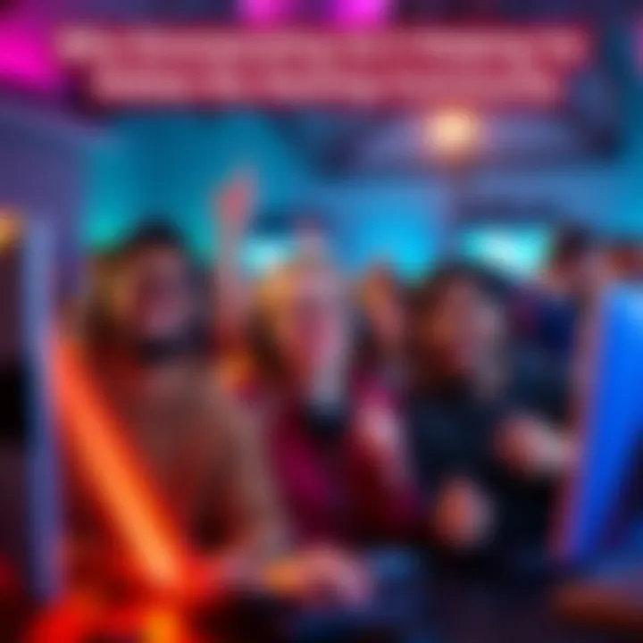 A group of gamers smiling and playing together, celebrating in a lively gaming environment