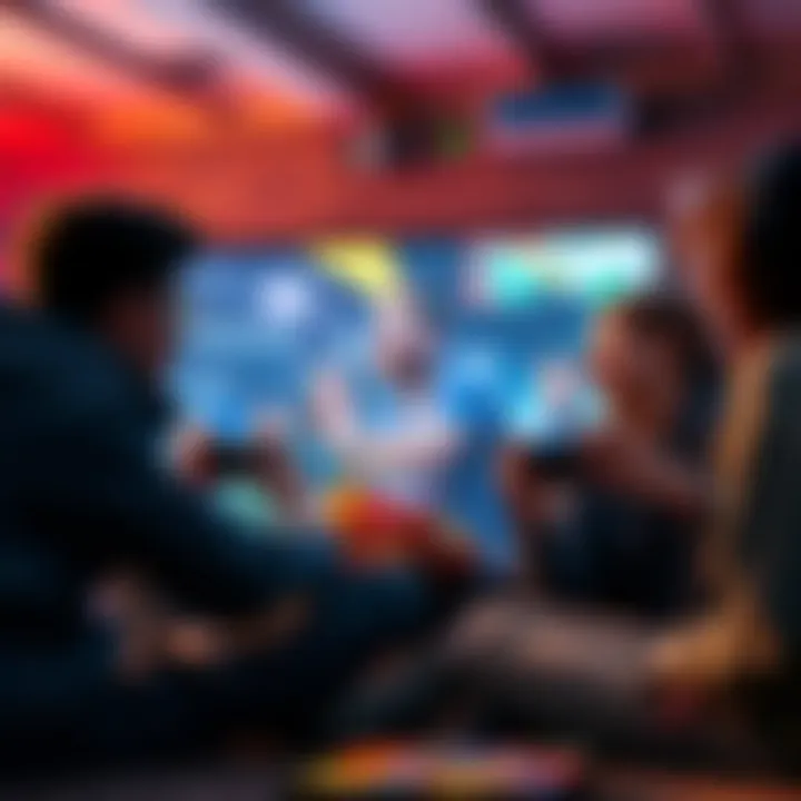 A group of friends sitting together, playing video games on a large screen with snacks around them, showcasing a fun gaming atmosphere.