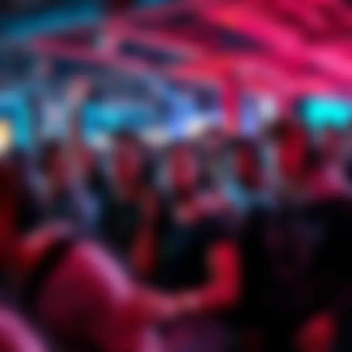 A group of gamers at a gaming event with some celebrating and others looking frustrated, highlighting the impact of toxic behavior.