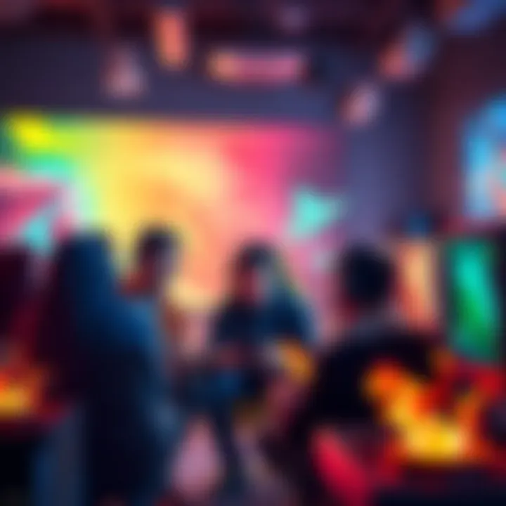 Group of gamers discussing strategies to obtain three eridium in a colorful gaming room