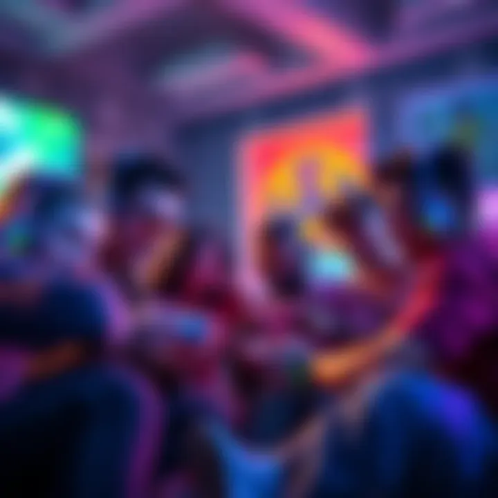 Group of gamers gathered around a console eagerly discussing the new game Reunion, showing excitement and anticipation.