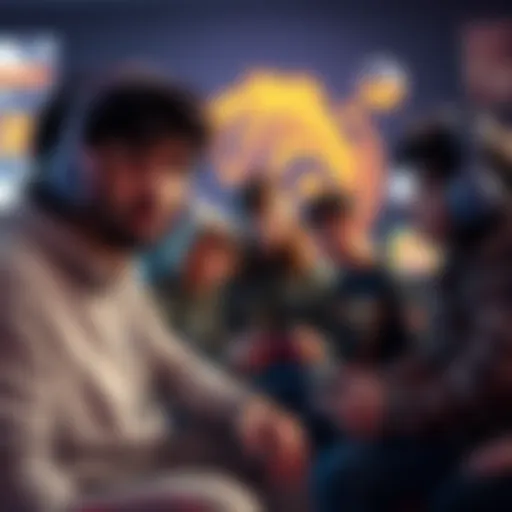 A group of gamers searching for unconventional video games on various platforms, discussing lesser-known titles, and sharing their experiences. The scene shows enthusiasm and creativity in gaming.