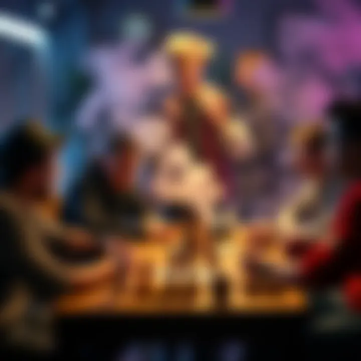 Gamers gathered around a table, one looks uncomfortable as vape smoke fills the air