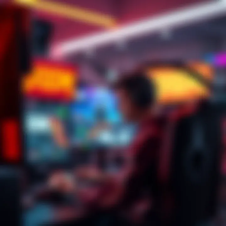 A gamer sits in front of multiple monitors, showing stuttering and ghosting effects while playing Doom and Cyberpunk, with a frustrated expression.
