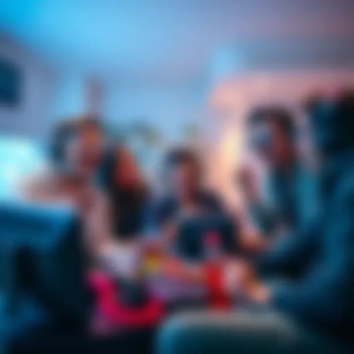 A group of gamers laughing and enjoying a gaming session together, surrounded by consoles and snacks.