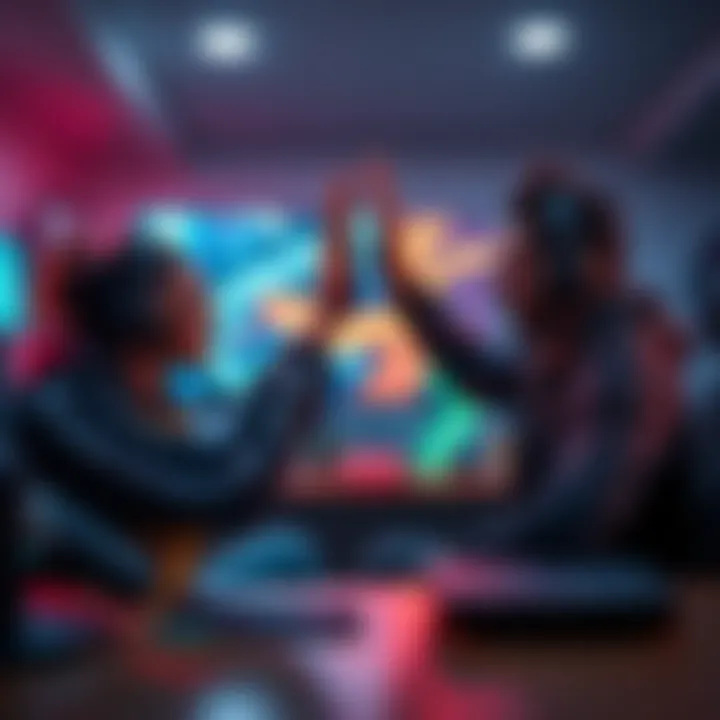 Two players in a gaming setup sharing a high five, expressing their joy after achieving a milestone together