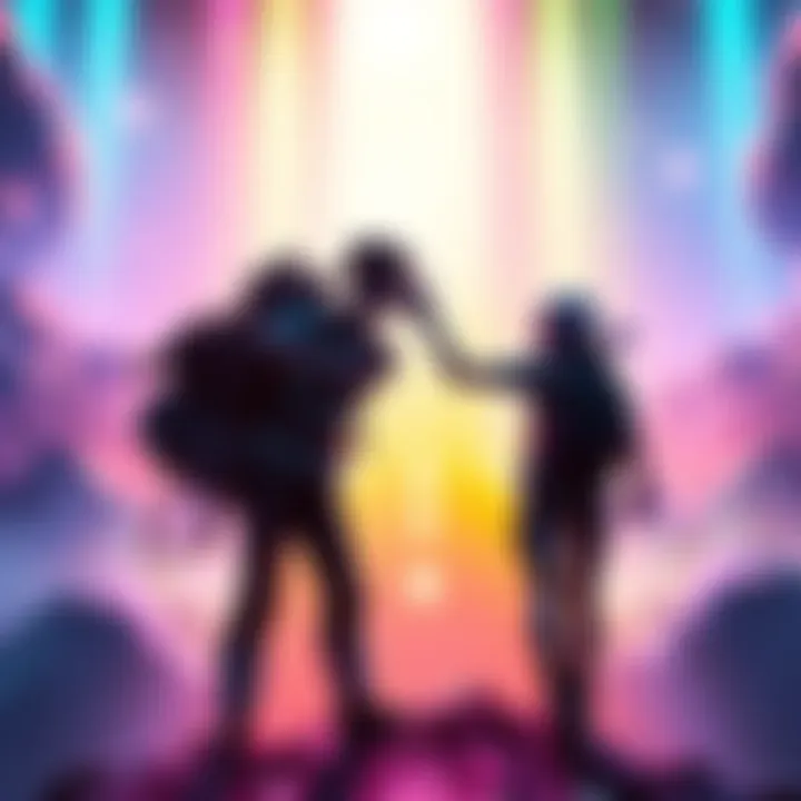 Two gaming characters holding hands in a colorful digital landscape, symbolizing emotional connection in gaming.