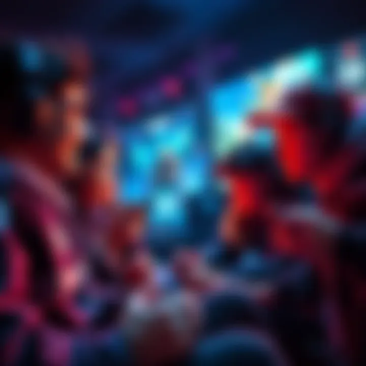 A group of gamers focused on a screen, reacting to NPC interactions and exploring a vibrant game world