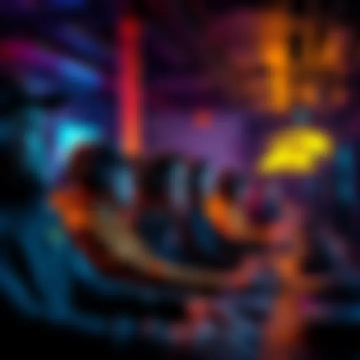 A group of players engaged in a competitive gaming lobby, showing intense focus and interaction as they prepare for a match.