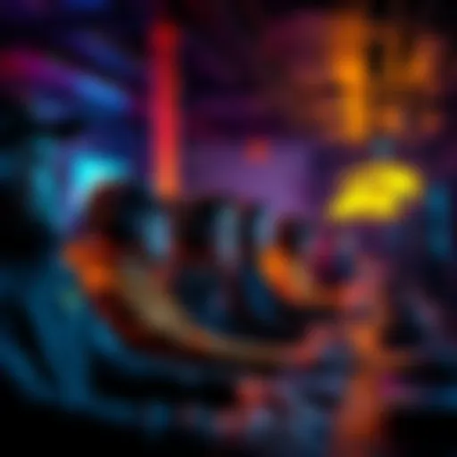 Gamers in a competitive lobby A group of players engaged in a competitive gaming lobby, showing intense focus and interaction as they prepare for a match.