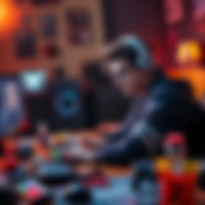A gamer playing on a computer with intense focus, surrounded by gaming gear and snacks, showing determination to succeed.