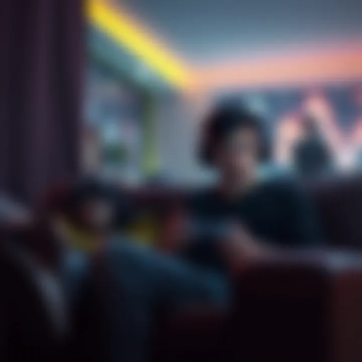 Two gamers frustrated by lag on a couch, looking at their screens