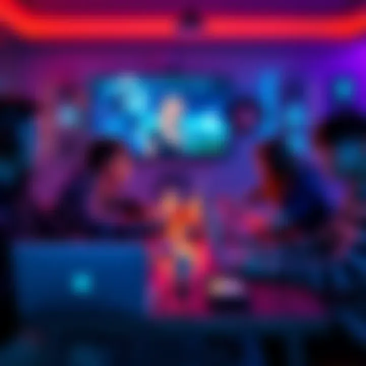 A group of gamers sitting around a table with laptops, sharing snacks and playing video games at a LAN party