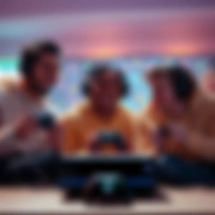 A group of gamers laughing together while looking at an Xbox S console with game controllers in their hands