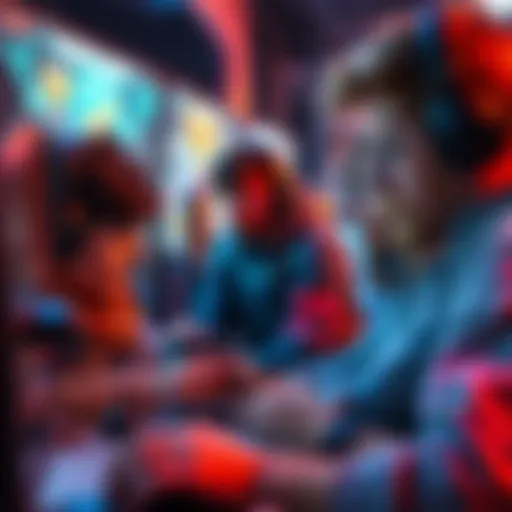 A group of gamers focused on their screens, strategizing together to level up fast in a video game, with trophies visible on their screens.