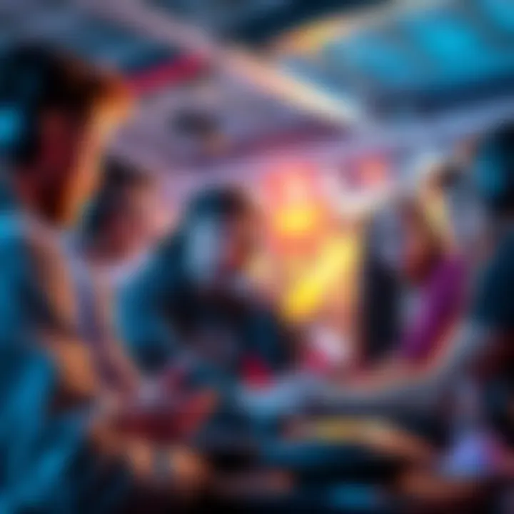 A group of gamers expressing frustration over limited loadout slots in a vibrant gaming environment