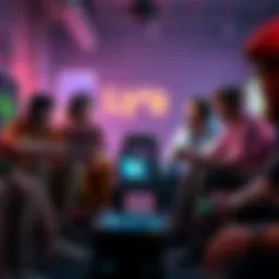 A group of gamers engaging in lively discussion, sharing their favorite moments from Lyle's era, with gaming consoles and memorabilia around them.