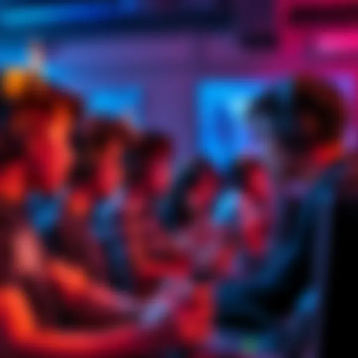 A group of frustrated gamers looking at their screens, showing lag and delays while accessing emotes in a video game.