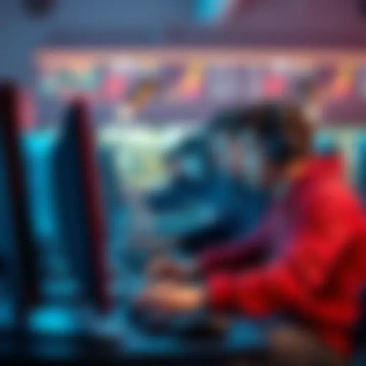 A group of gamers sitting at computers, customizing video game mods and discussing gameplay, showcasing creativity and excitement in gaming culture.