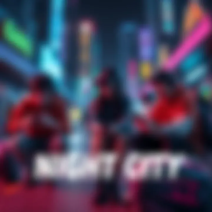 A group of gamers interacts with strange items and bizarre actions in a vibrant Night City setting