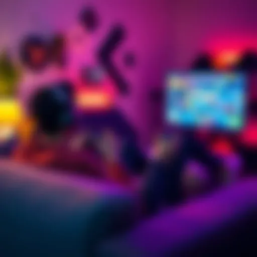 A couple enjoying a local co-op video game on a couch, with game controllers in hand and a large screen in front of them.
