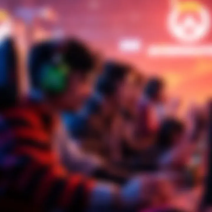 Gamers playing Overwatch on consoles Group of gamers enjoying Overwatch on consoles, showing intense focus and teamwork in a competitive setting