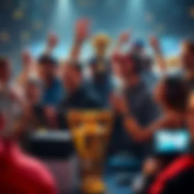 A group of gamers celebrating after achieving platinum trophies in various games, with consoles and trophies displayed