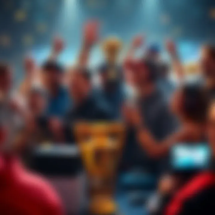 A group of gamers celebrating after achieving platinum trophies in various games, with consoles and trophies displayed