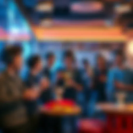 A group of gamers excitedly showing off their platinum trophies and discussing Raidou remastered in a lively gaming cafe