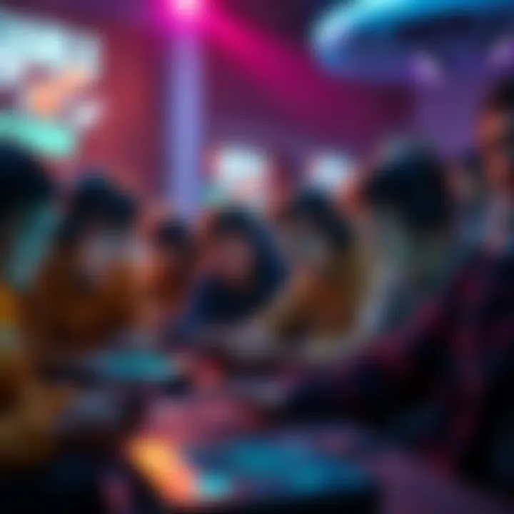 A group of gamers intensely playing CODM, showing excitement and teamwork while playing on various devices.