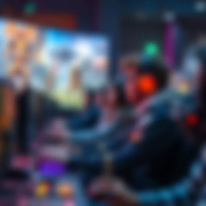 A group of gamers focused on playing an RPG, surrounded by colorful graphics and diverse characters on screen.